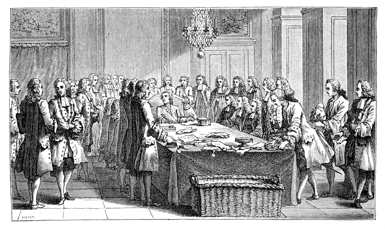 Ludvig XV undertecknar det nya fördraget, 1757, 1885 av Unbekannt