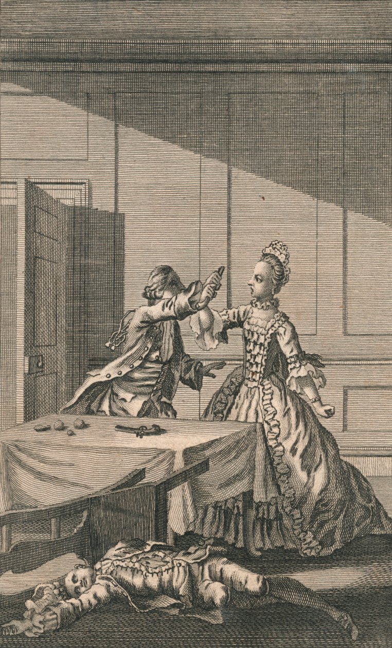 Lucy försöker skjuta sig själv, efter att ha dödat Mr. Wimple, 1700-talet. av Unbekannt