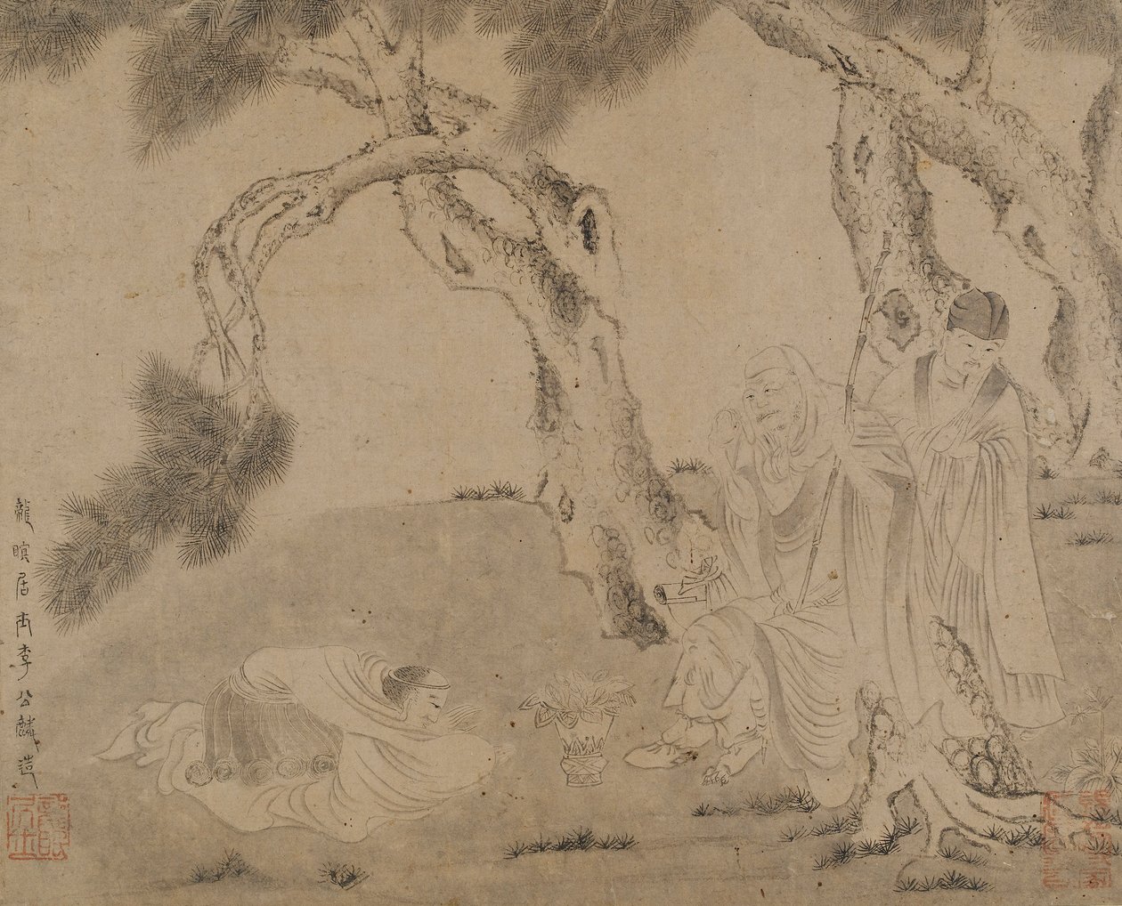 Luohan, skötare och tillbedjare under tallar, Yuan- eller Mingdynastin, 1279-1644. av Unbekannt
