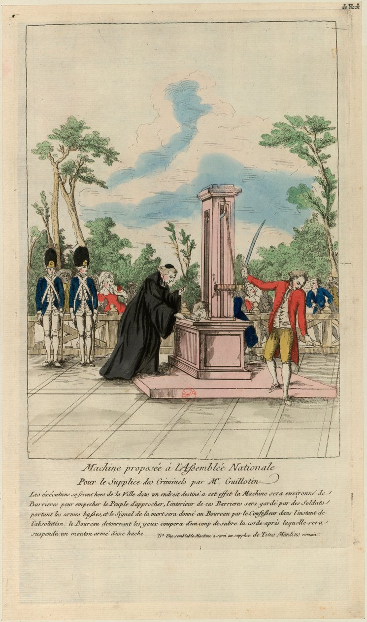 Maskin föreslagen till nationalförsamlingen för tortyr av brottslingar av Mr. Guillotin, ca. 1790. av Unbekannt