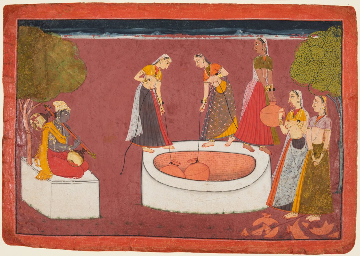 Madhava spelar sin vina innan fem kvinnor drar vatten från en brunn, från en Madhavanala..., ca. 1700. av Unbekannt