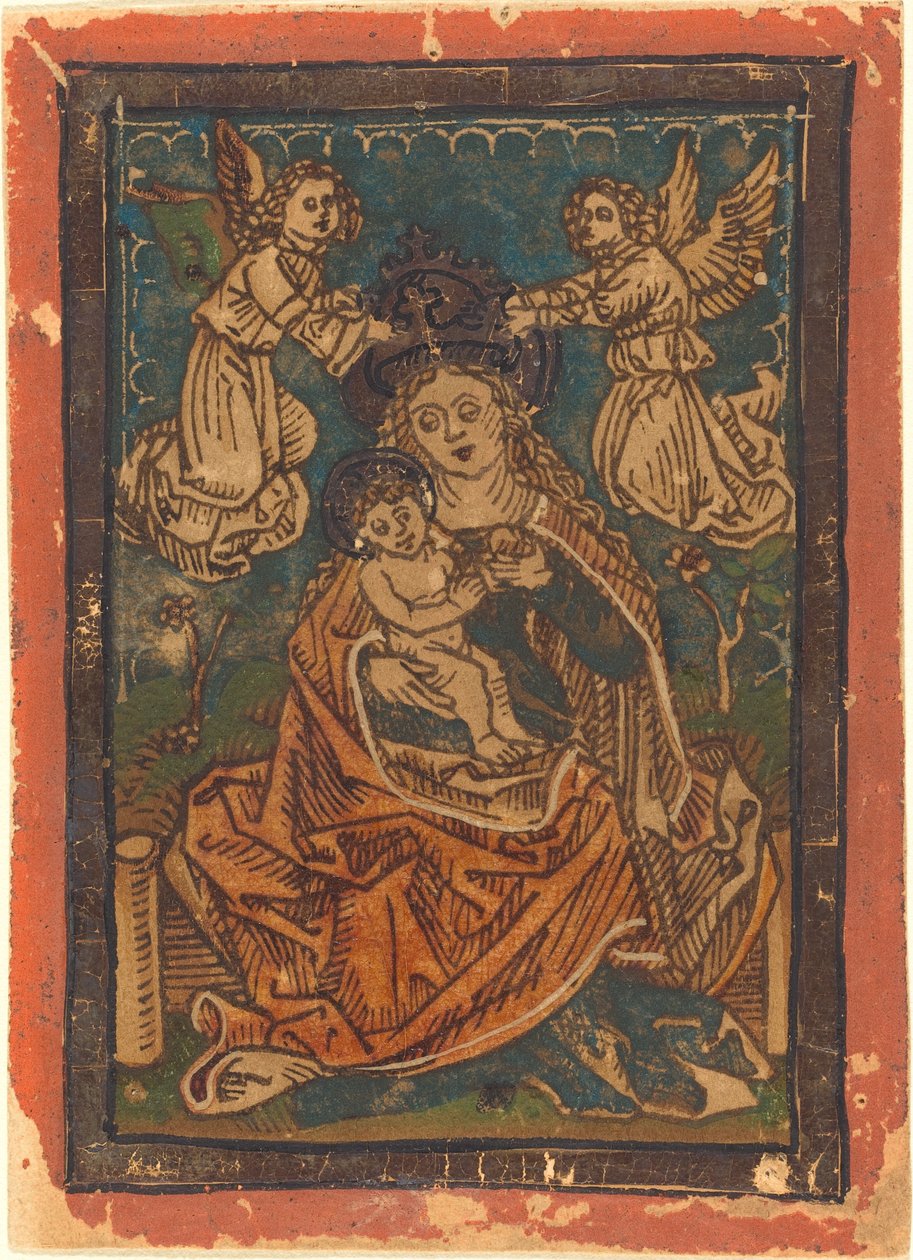 Madonna och barn sitter på en gräsbevuxen bank med änglar, 14801490. av Unbekannt