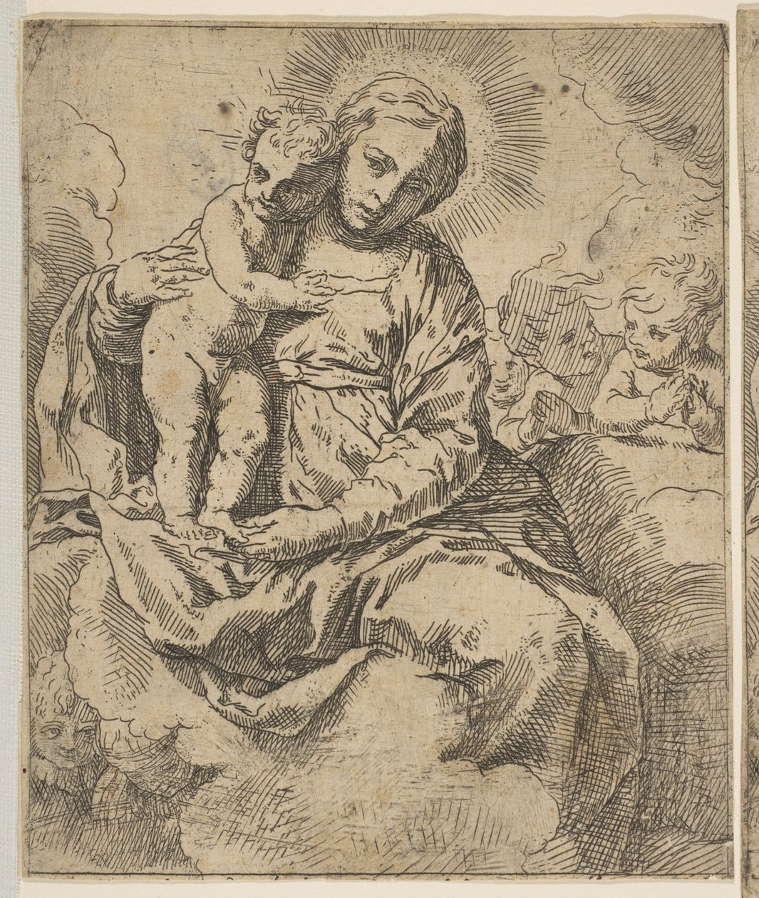 Madonna och barn sittande på moln och omgivna av änglar, kopiera omvänt a..., ca.1639 eller senare. av Unbekannt