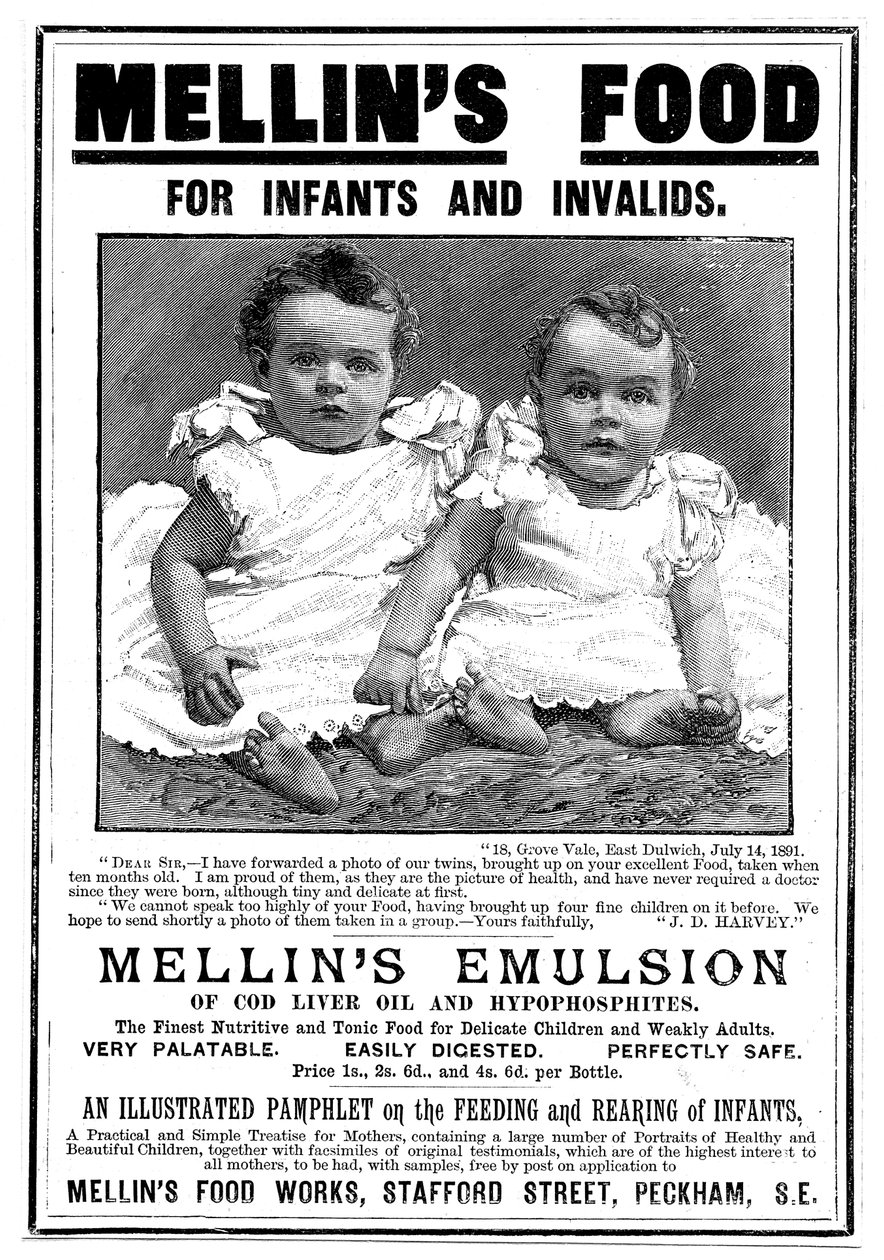Tidningsannons för Mellins Emulsion, ett kosttillskott baserat på torskleverolja, c1890 av Unbekannt