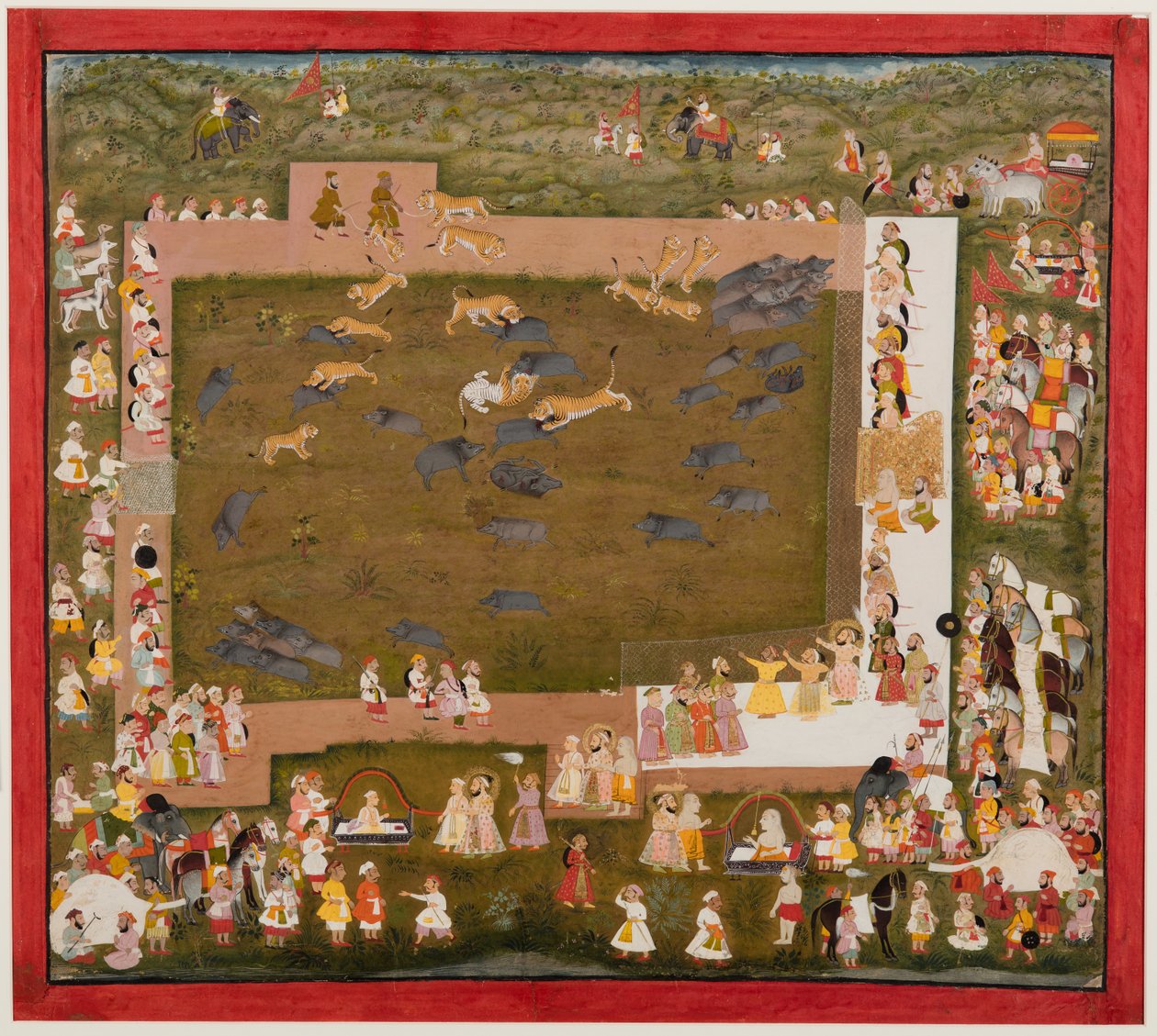 Maharaja Sangram Singh och hans hov observerar ett slagsmål mellan tigrar och galtar vid Sadri, ca. 1720. av Unbekannt