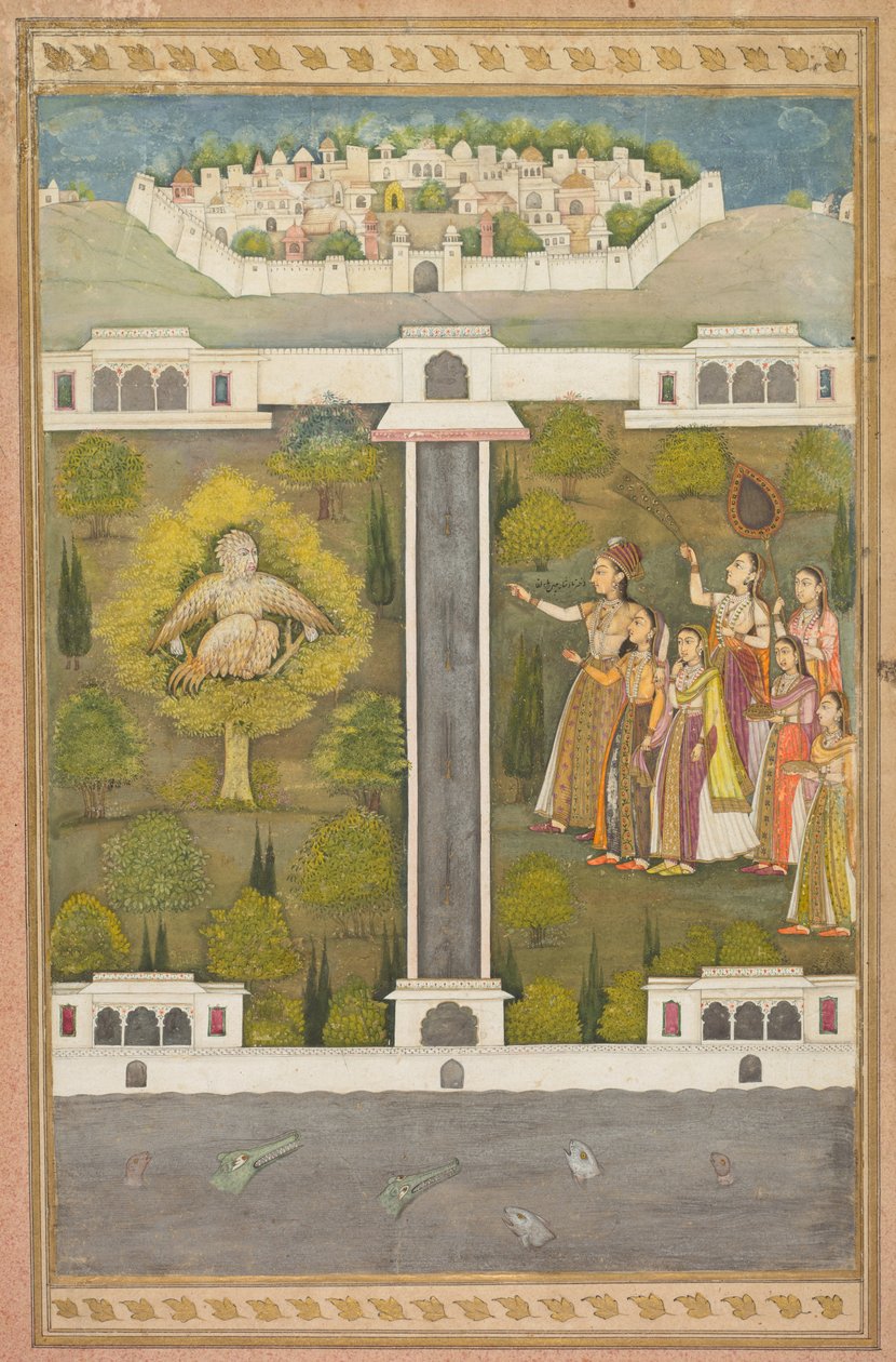 Mahliqa, dotter till kejsaren av Kina, pekar på fågelmannen Khwaja Mubarak...verso, ca. 171 av Unbekannt