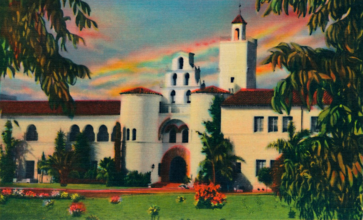 Huvudentré. Administrationsbyggnad, State College. San Diego, Kalifornien, c1941 av Unbekannt