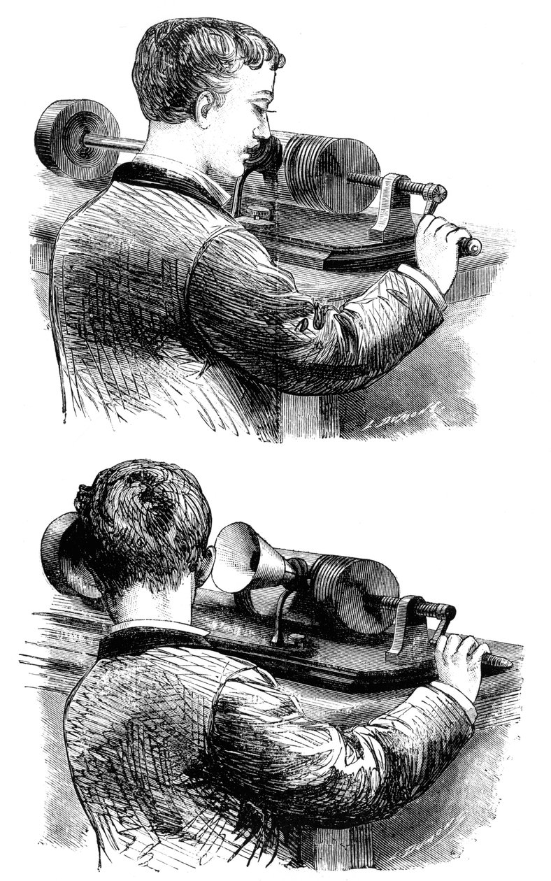Att göra en inspelning med och lyssna på den första Edison Phonograph, 1878 av Unbekannt
