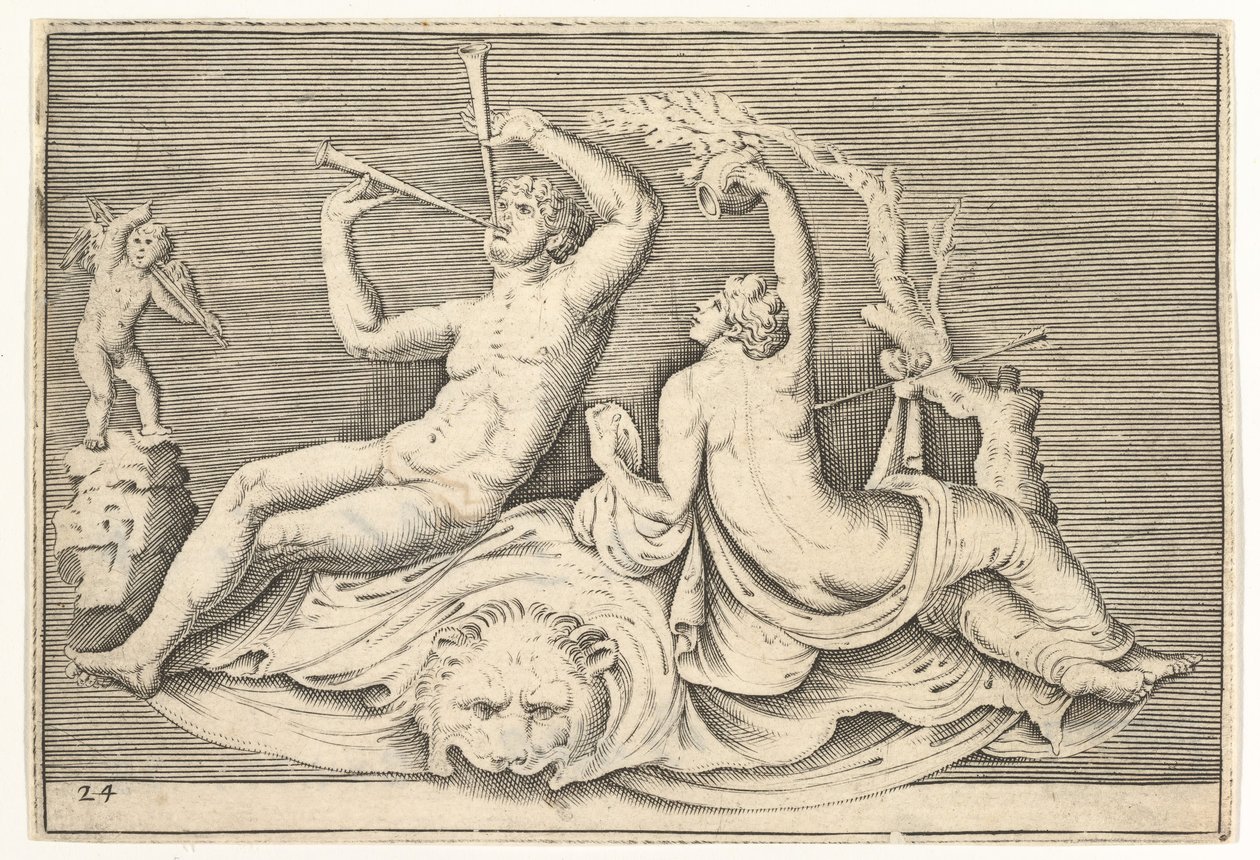 Man spelar två flöjter och kvinna på lejonskinn, publicerad ca. 1599-1622. av Unbekannt