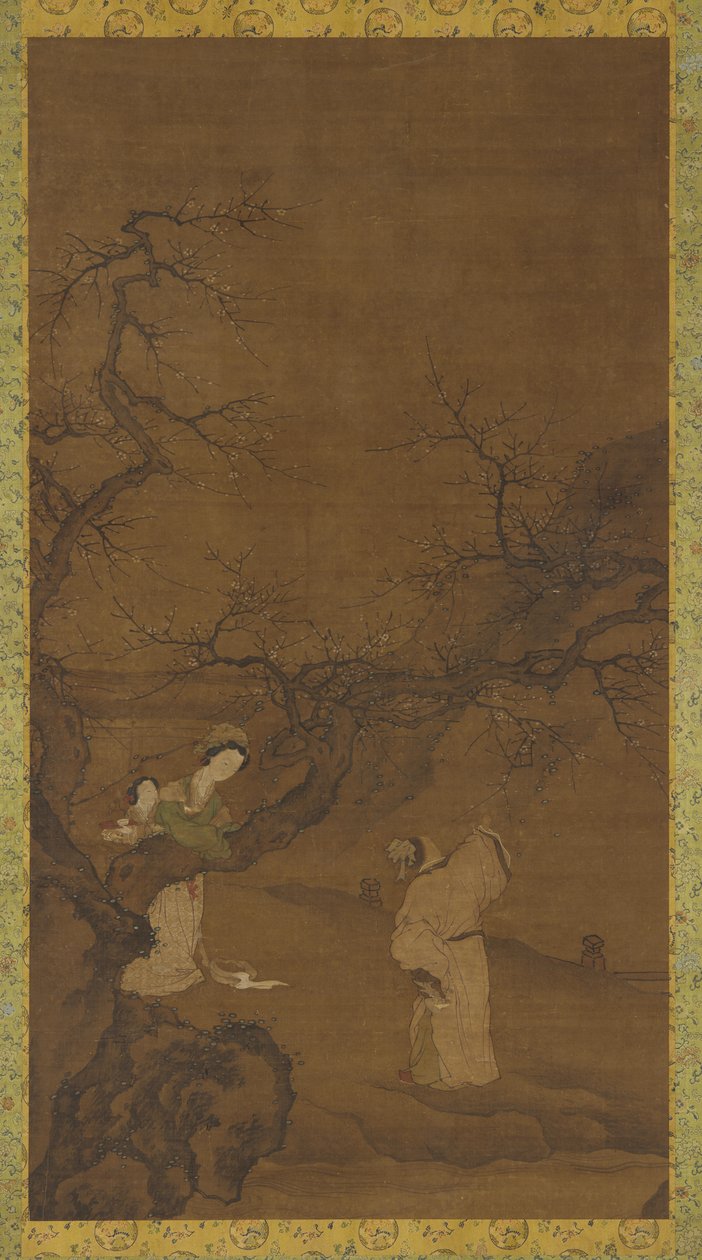 Man och kvinna njuter av plommonblomningar, Ming- eller Qing-dynastin, 1400-1700-talet. av Unbekannt