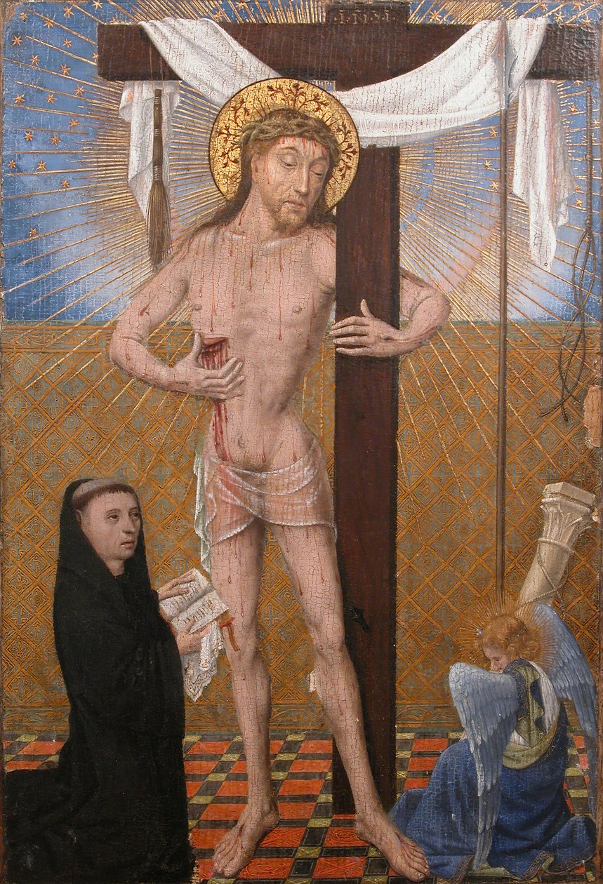 Man of Sorrows med knästående donator, fjärde kvartalet 1400-talet med moderna tillägg. av Unbekannt