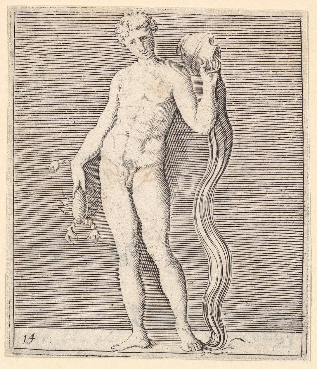 Man with Crayfish and Urna of Water, publicerad ca. 1599-1622. av Unbekannt