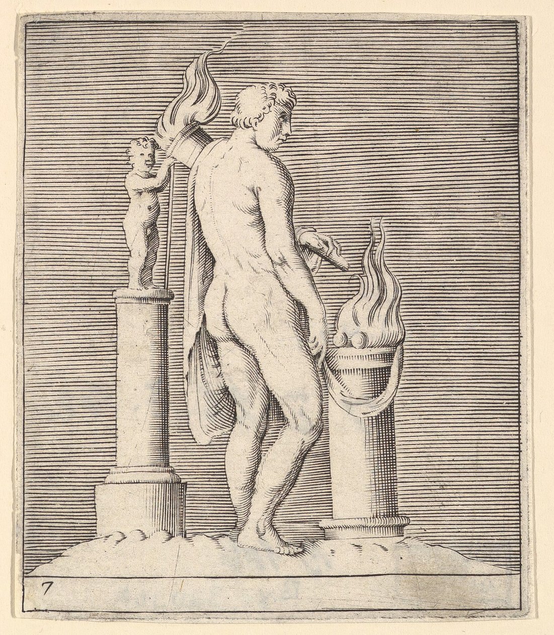 Man med fackla mellan flammande altare och statyett, publicerad ca. 1599-1622. av Unbekannt