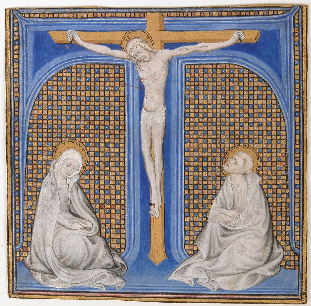Manuskriptbelysning med korsfästelse i ett initialt T, från ett missal, franska, ca. 1400. av Unbekannt