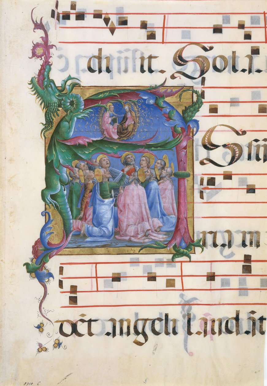 Manuskriptbelysning med jungfruns antagande i en initial A..., italienska, 1450-60. av Unbekannt