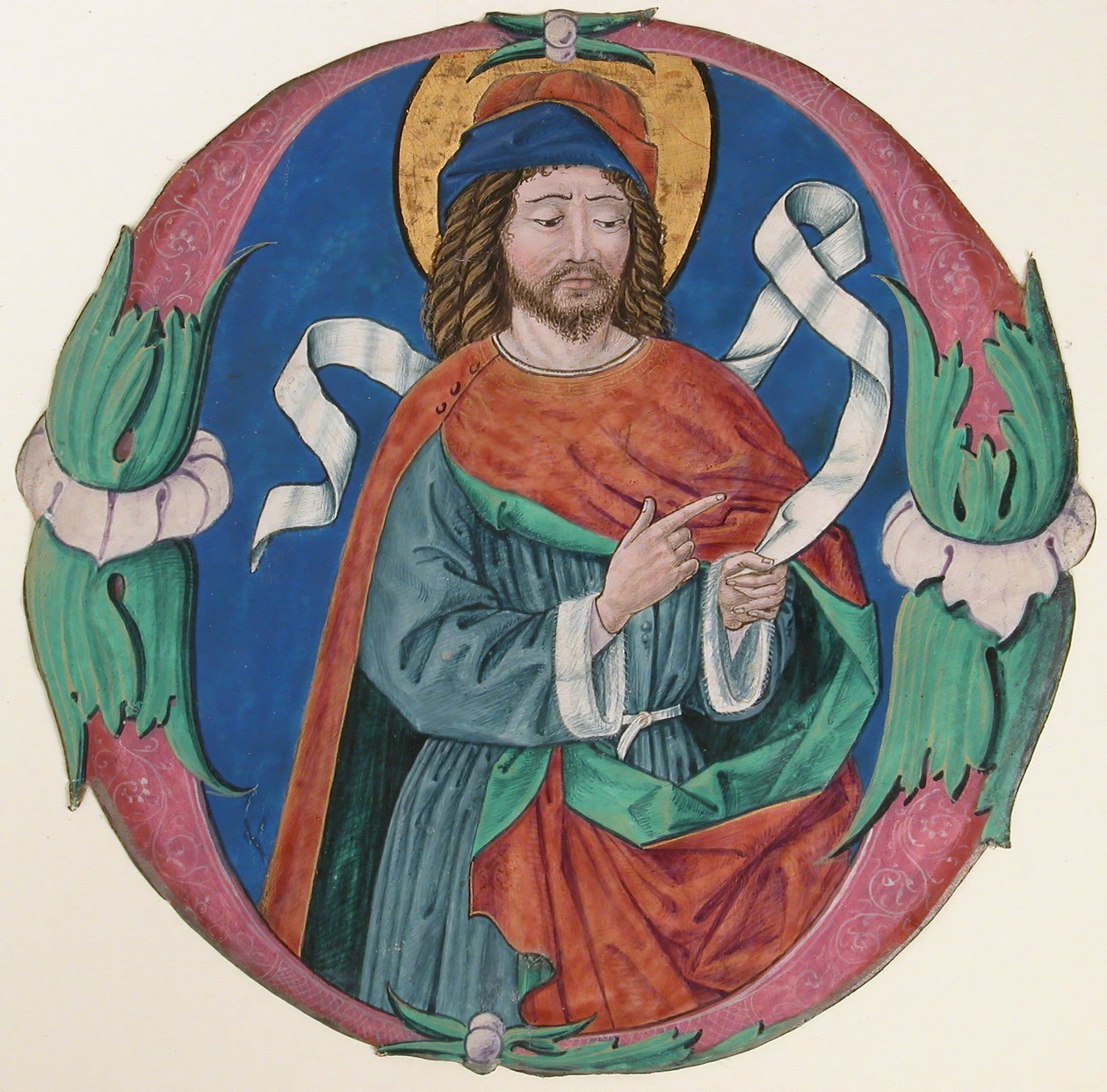 Manuskriptbelysning med en helgonfigur i ett initialt O, ca. 1480. av Unbekannt