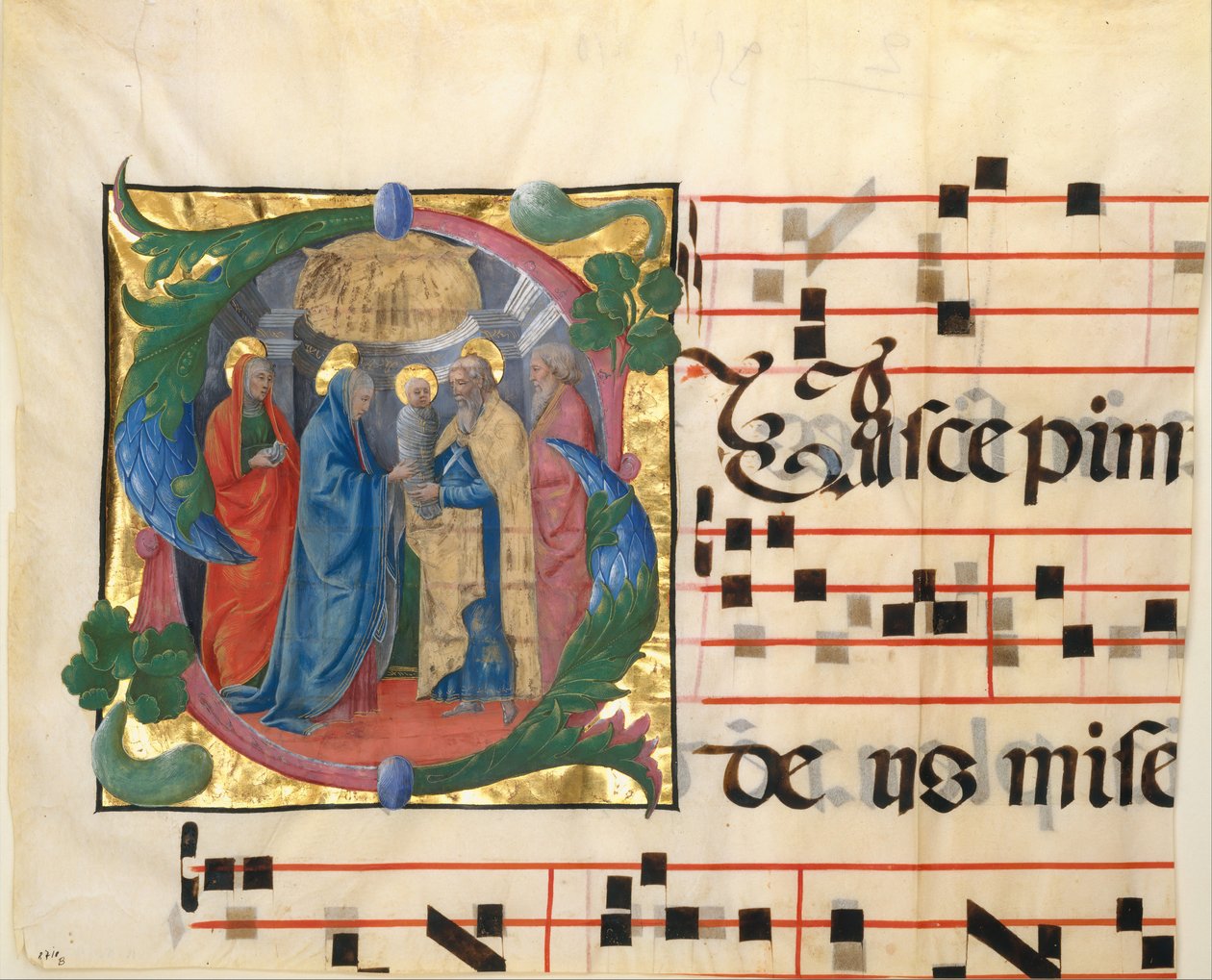 Manuskriptbelysning med presentationen i templet i ett initialt S, från en Gradual, 1450-60. av Unbekannt
