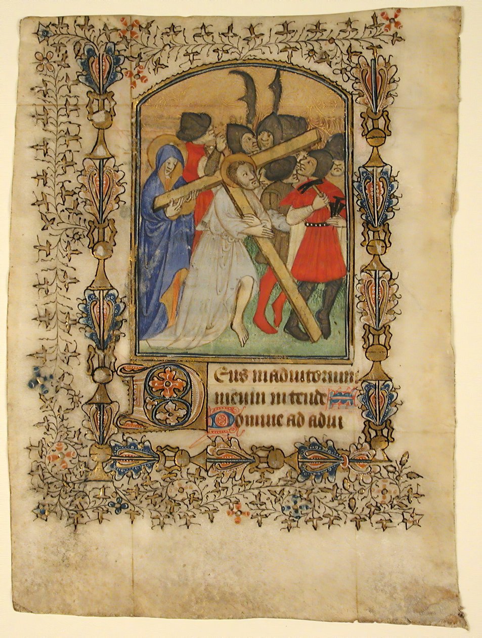 Manuskriptblad från en timbok... Upplyst initial D och Kristus som bär korset, 1390-140 av Unbekannt