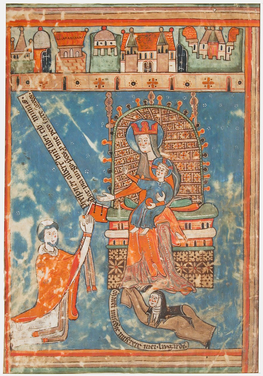 Manuskriptblad med dedikation av en bok till jungfrun, tyska, ca. 1400. av Unbekannt