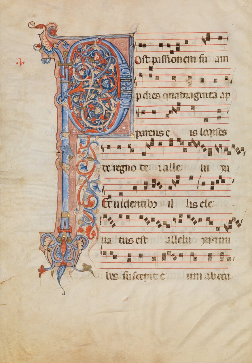 Manuskriptblad med foliated initial P, från en Antiphonary, italiensk, ca. 1250-60. av Unbekannt
