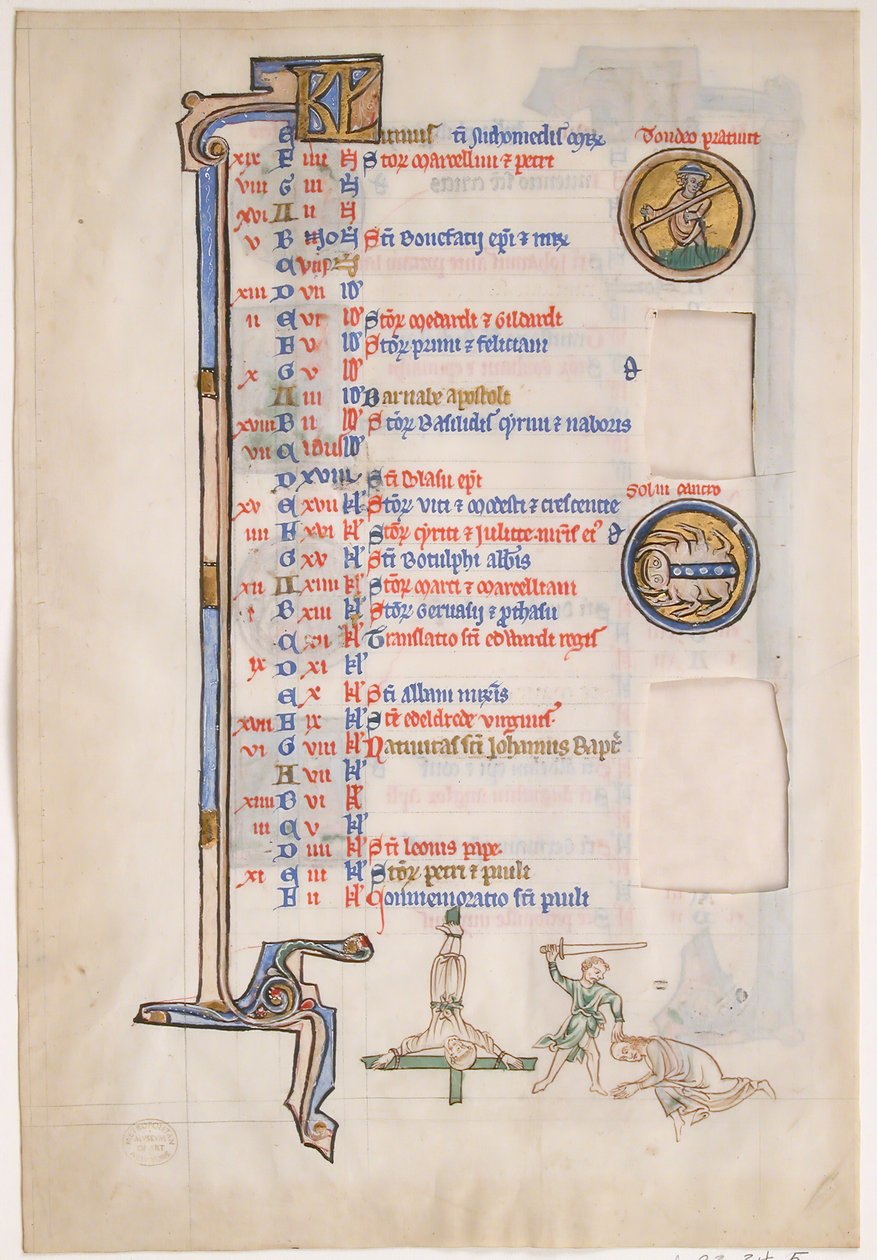 Manuskriptblad med junikalender, från en kunglig psalter, 1200-talet. av Unbekannt