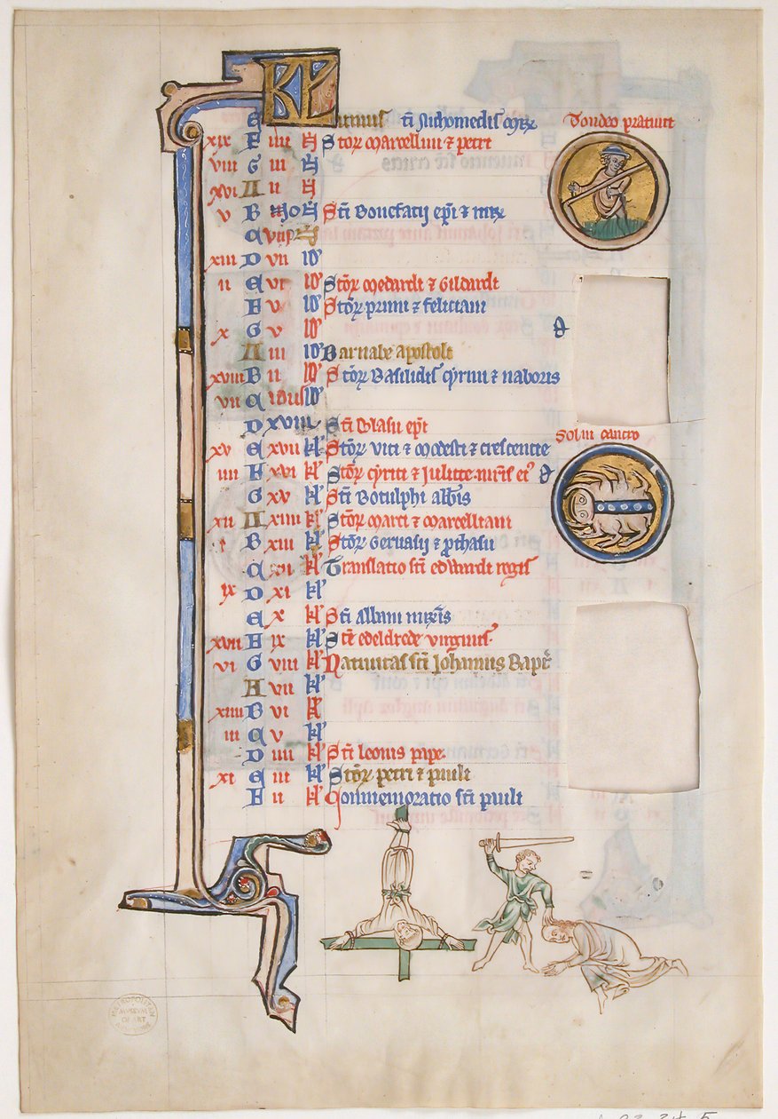 Manuskriptblad med junikalender, från en kunglig psalter, brittiskt, 1200-talet. av Unbekannt