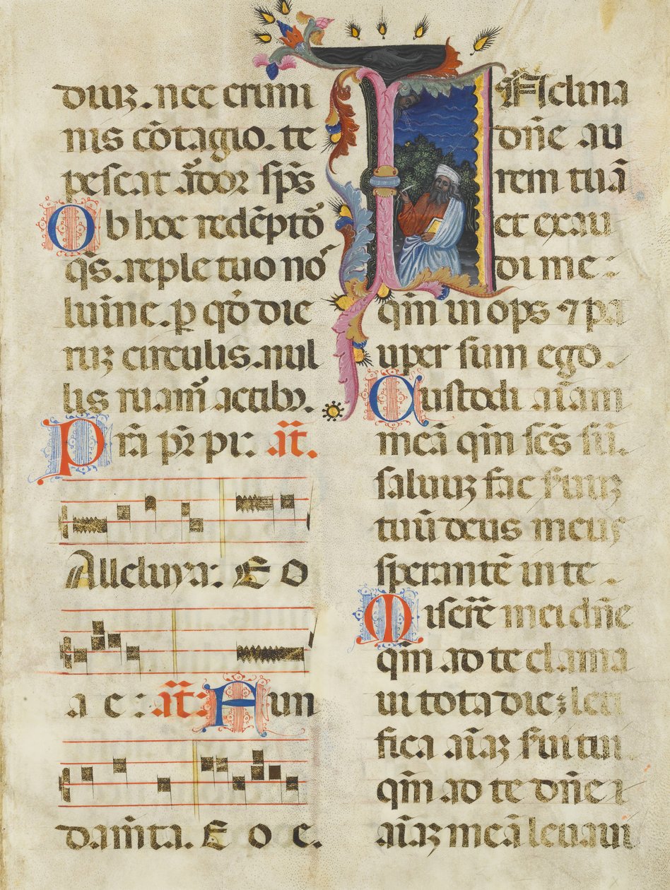 Manuskriptblad med kung David i en initial I, från en psalter, tidigt 1400-tal. av Unbekannt
