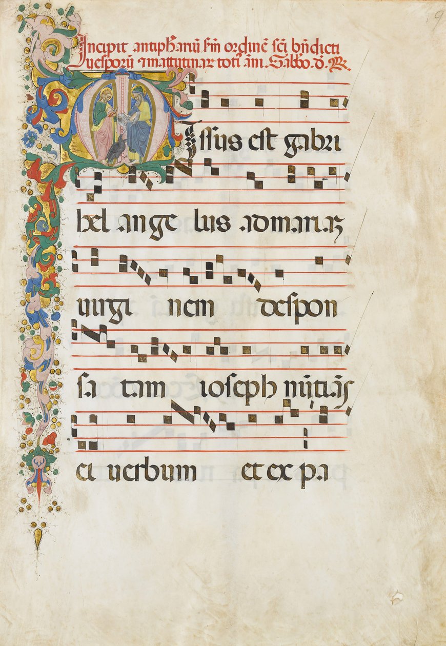 Manuskriptblad med Sankt Johannes evangelisten och Sankt Johannes Döparen i en..., 2:a halvan 1400-talet av Unbekannt