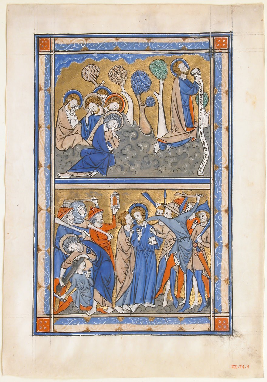 Manuskriptblad med smärtan i trädgården och Kristi svek, från en kunglig psalter, ca. 1270. av Unbekannt