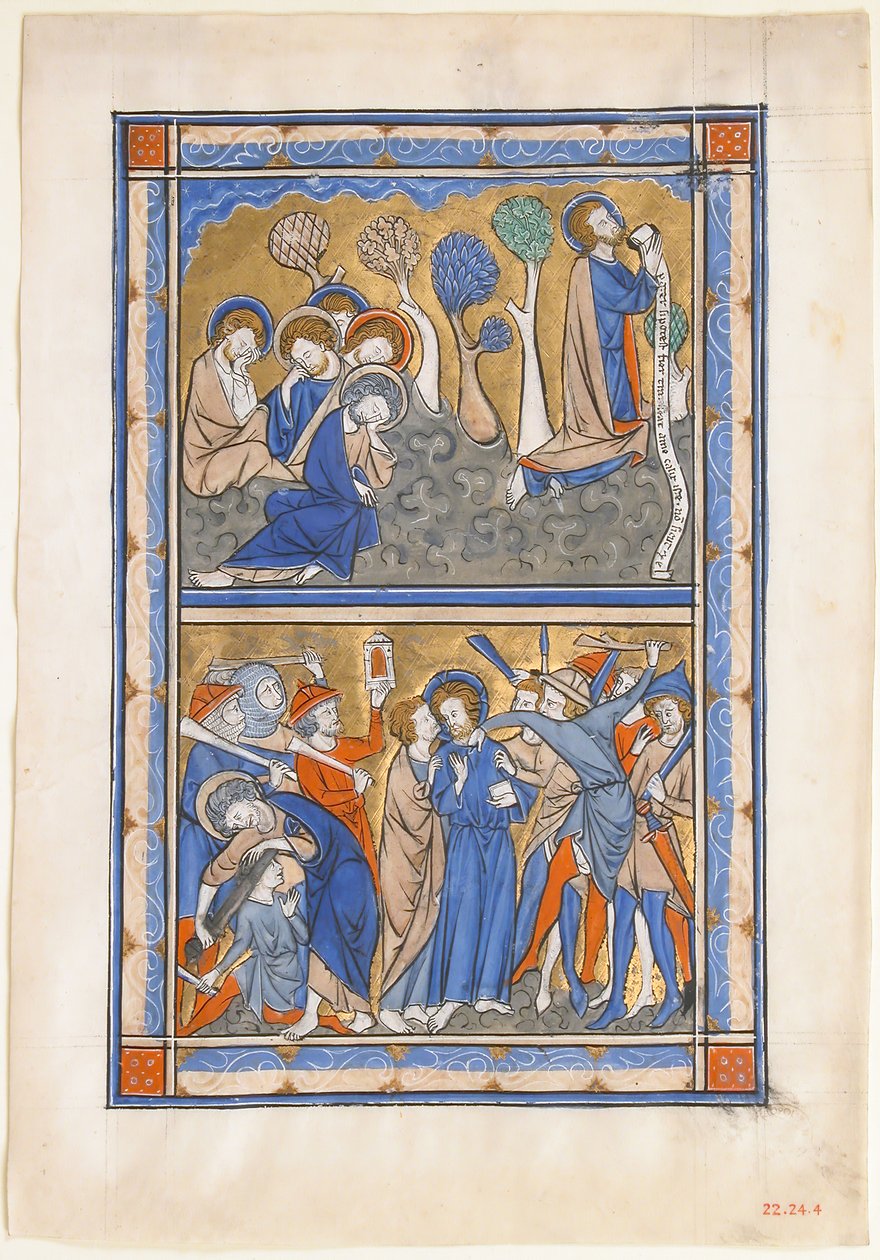 Manuskriptblad med smärtan i trädgården och Kristi svek, från en kunglig psalter, ca. 1270. av Unbekannt