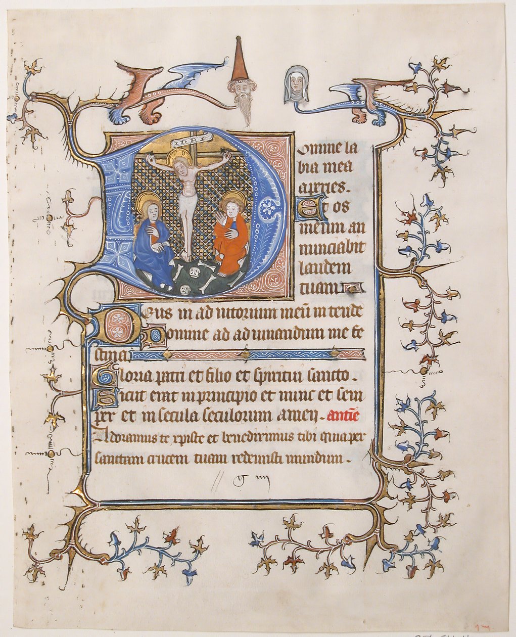 Manuskriptblad med korsfästelsen i ett initialt D, från en timbok, ca. 1350. av Unbekannt