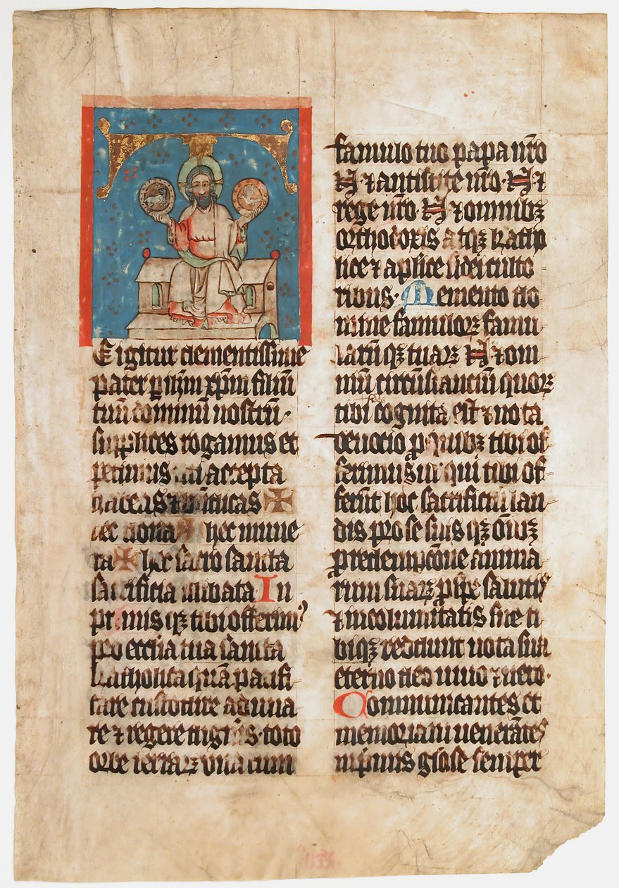 Manuskriptblad med den heliga treenigheten i ett initialt T, från ett missal, ca. 1390. av Unbekannt