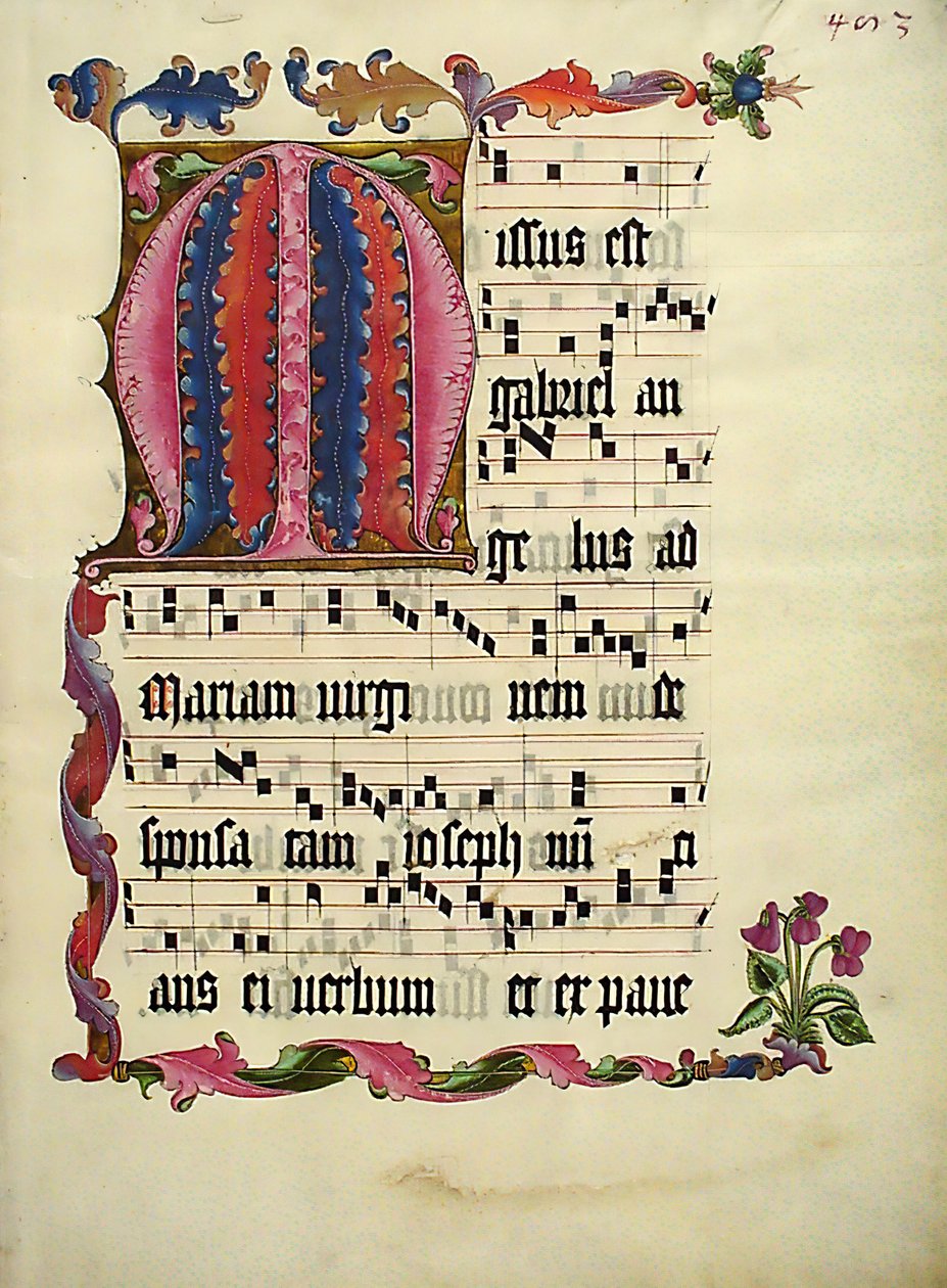Manuskriptblad med initialt M, från ett antifonarium, tyska, ca. 1425-50. av Unbekannt