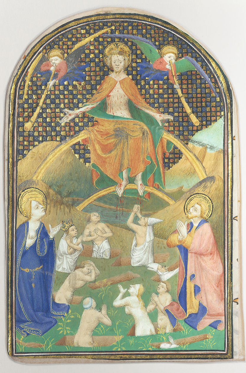 Manuskriptblad med den sista domen, från en timbok, franska, ca. 1400. av Unbekannt