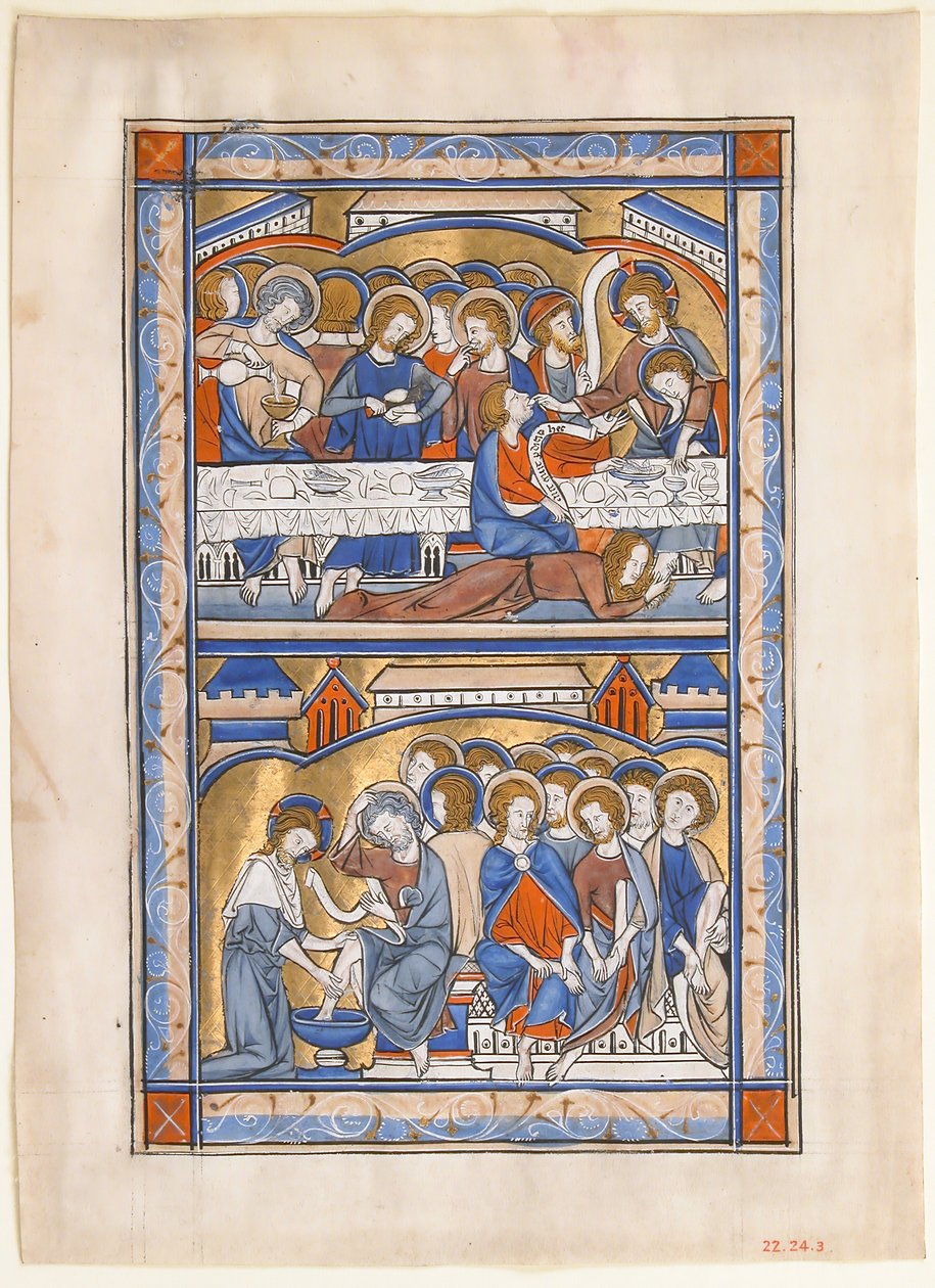 Manuskriptblad med den sista måltiden och apostlarnas fottvätt..., ca. 1250-70. av Unbekannt