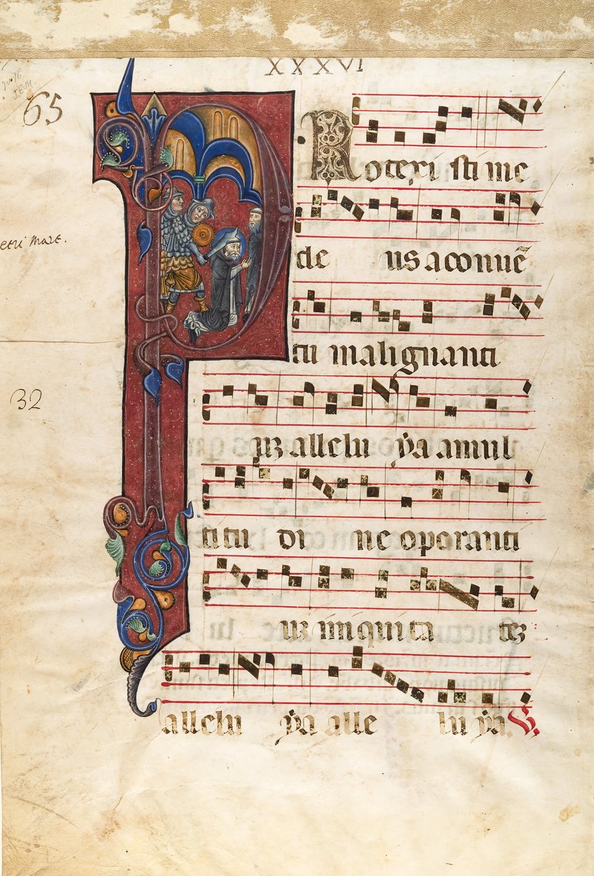 Manuskriptblad med Sankt Peters martyrs martyrskap i ett initialt P..., ca. 1270-80. av Unbekannt