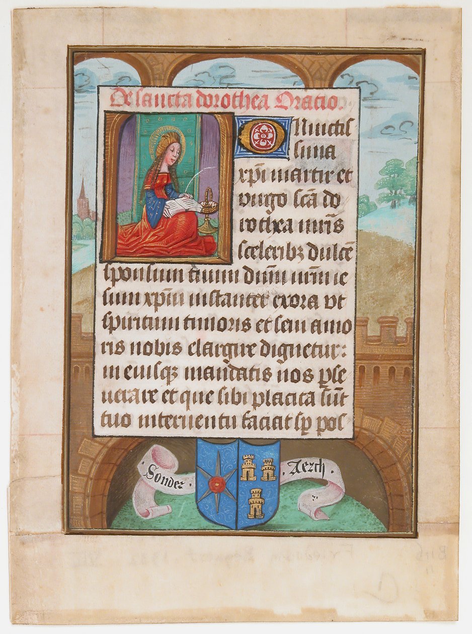 Manuskriptblad med Saint Dorothy, från en timbok, ca. 1500. av Unbekannt