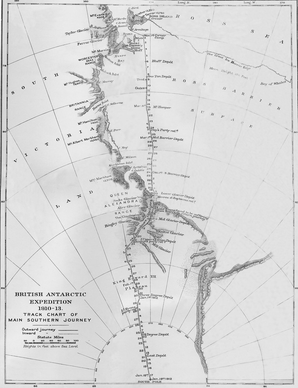 Karta - Brittisk Antarktisexpedition 1910-13. Spårkarta över Main Southern Journey, 1913 av Unbekannt