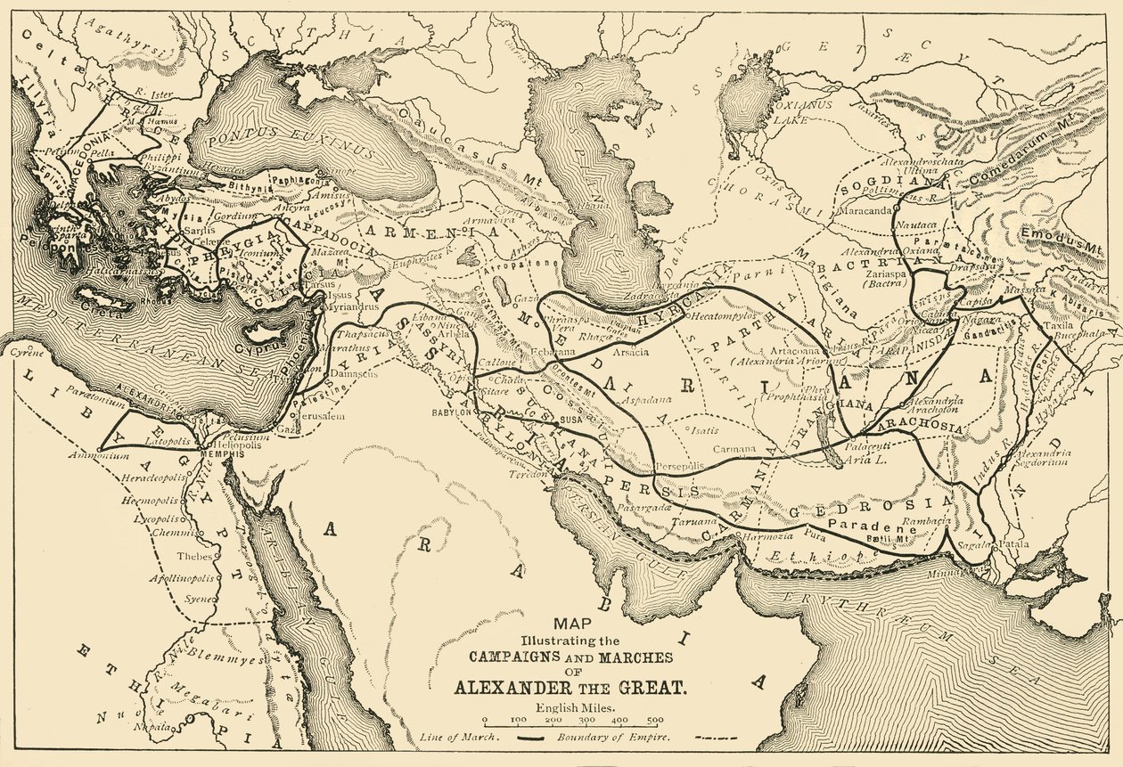 Karta som illustrerar Alexander den stores kampanjer och marscher, 1890. av Unbekannt