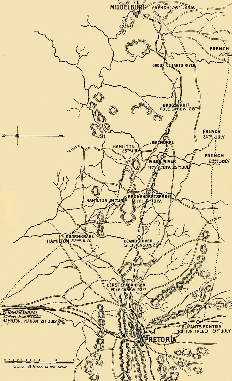 Karta som illustrerar förflyttningen österut från Eerstefabrieken till Middelburg, 1901. av Unbekannt