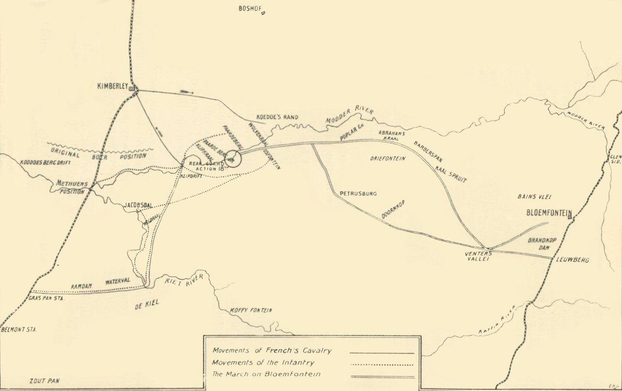 Karta som illustrerar rörelserna för relief av Kimberley och fångsten av Bloemfontein, 1901. av Unbekannt
