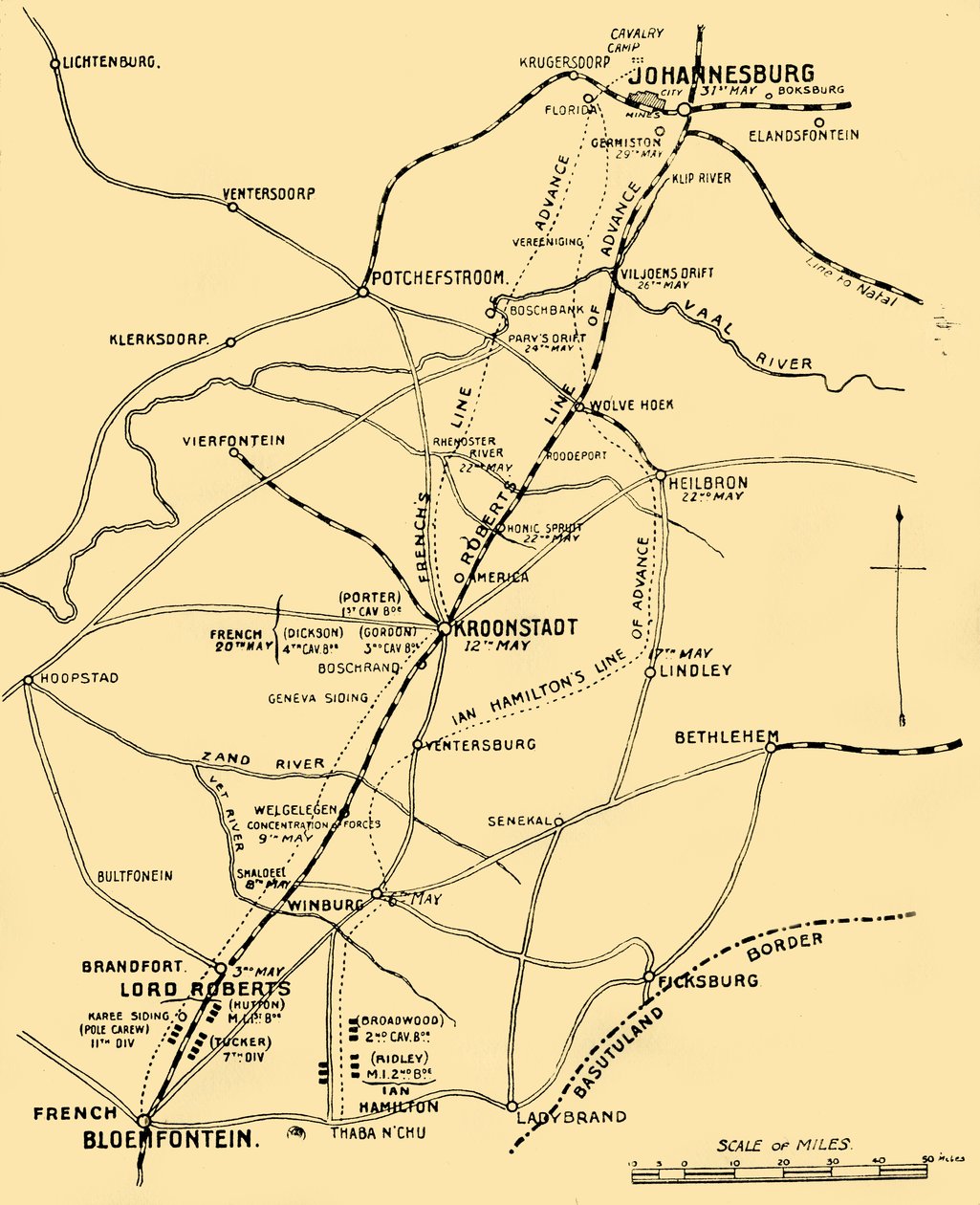 Karta som visar framstegslinjerna från Bloemfontein till Pretoria, 1901. av Unbekannt