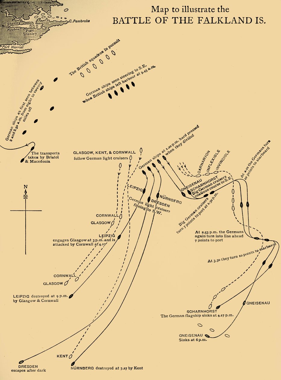 Karta som illustrerar slaget vid Falklandsöarna den 8 december 1914, c1920. av Unbekannt