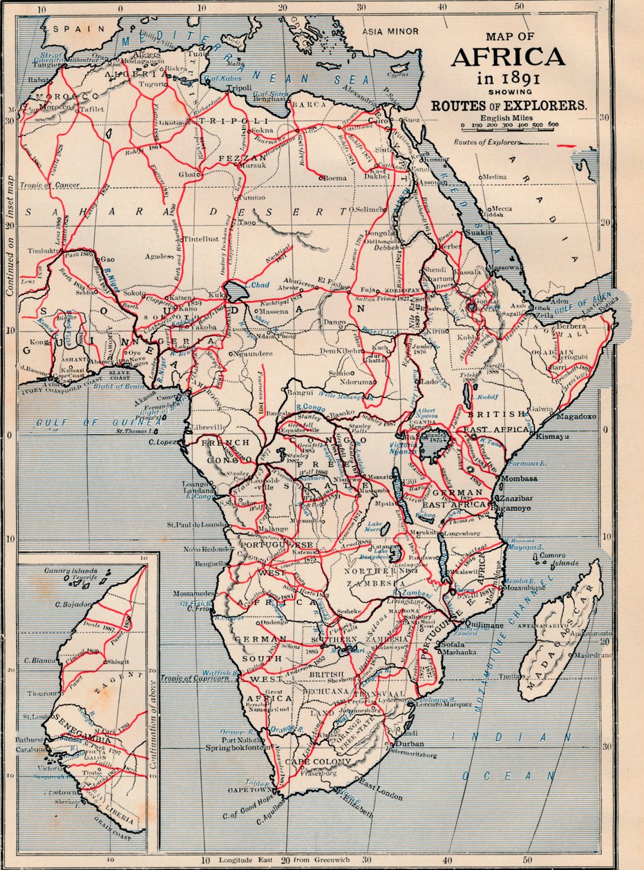 Karta över Afrika 1891 som visar Explorers rutter av Unbekannt