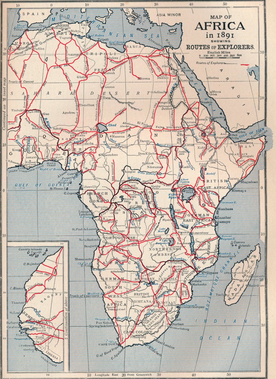 Karta över Afrika 1891 med rutter för upptäcktsresande, 1906 av Unbekannt