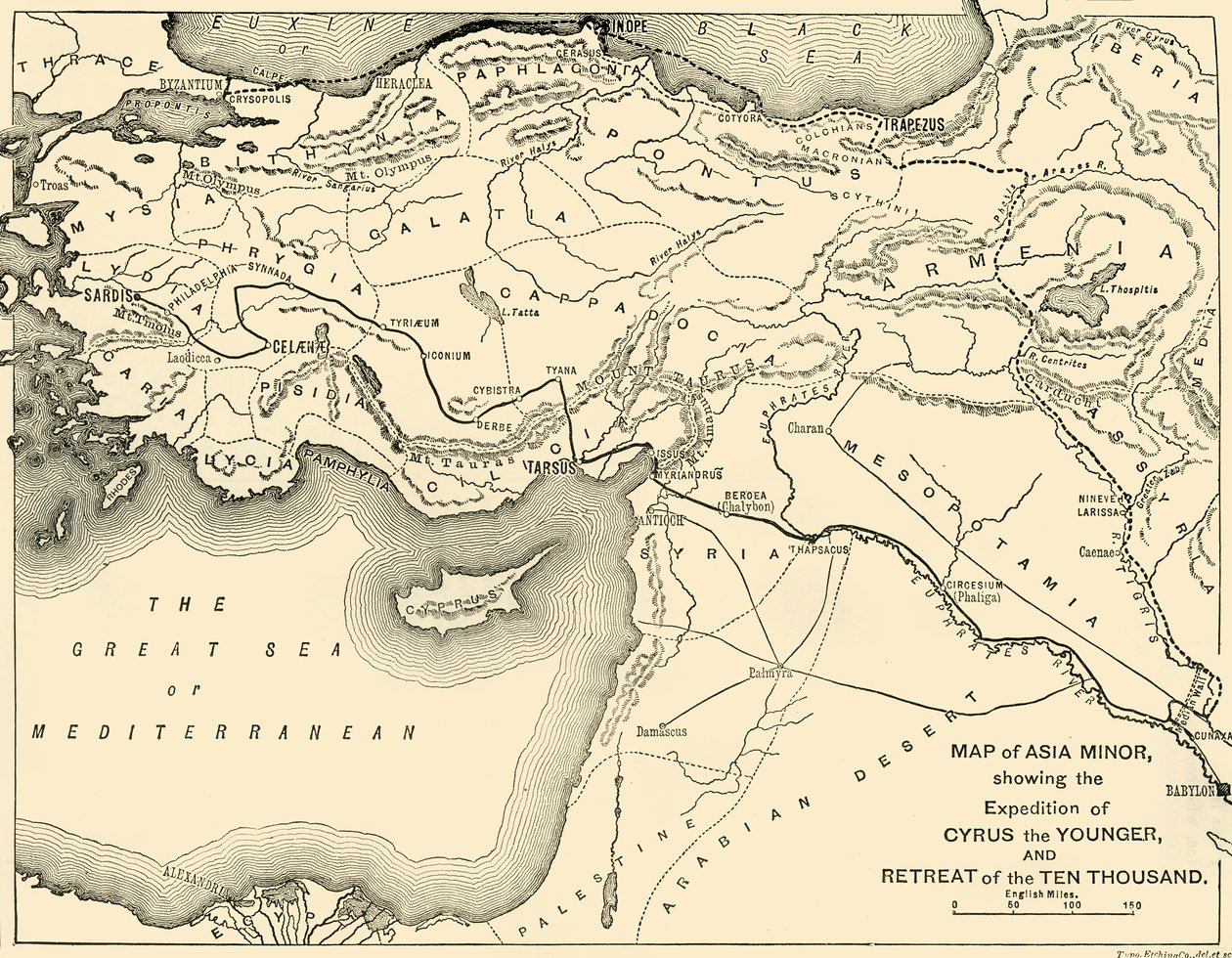 Karta över Mindre Asien, Kyros den yngres expedition och de tiotusenas reträtt, 1890. av Unbekannt
