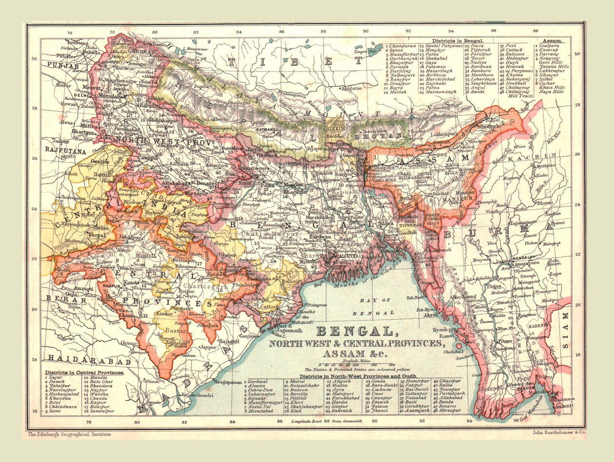 Karta över Bengalen, nordvästra och centrala provinserna och Assam, 1902. av Unbekannt