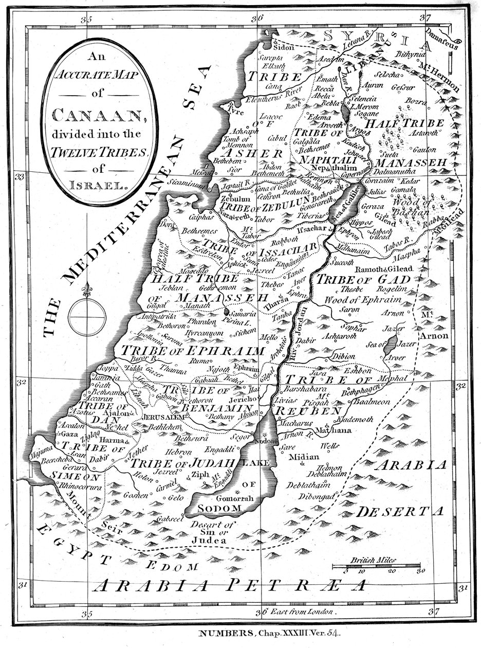 Karta över Kanaan uppdelad i Israels tolv stammar, c1830 av Unbekannt