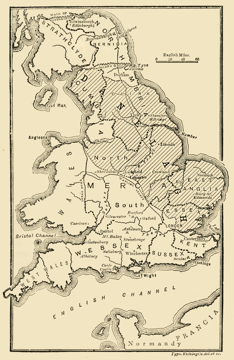 Karta över England, som visar anglosaxiska kungadömen och danska distrikt, 900-talet, 189 av Unbekannt