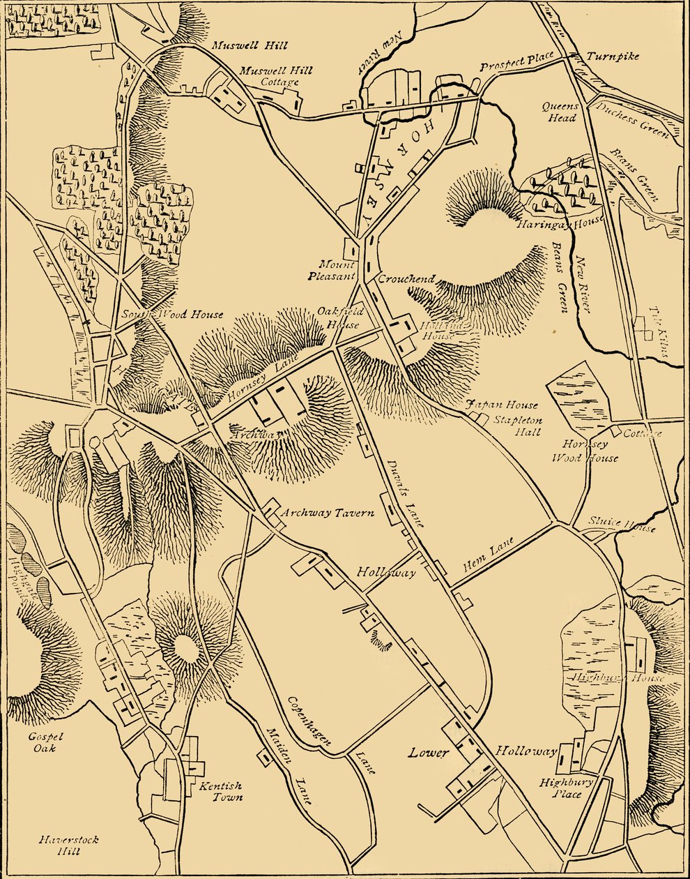 Karta över Hornsey and Neighborhood 1819, c1876. av Unbekannt